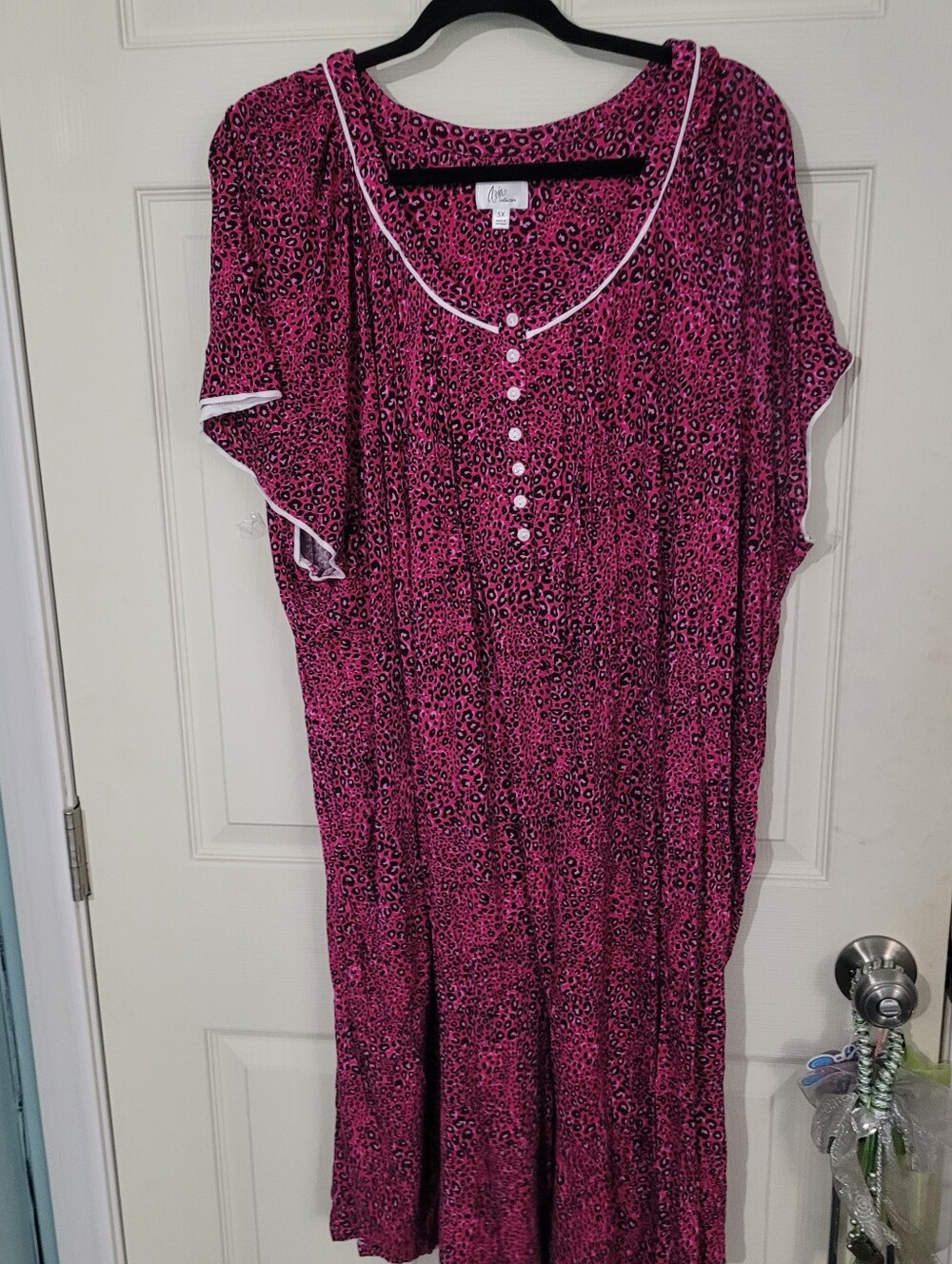 Aria Collection Hot Pink Leopard-Print Maxi Nightgown with White Trim